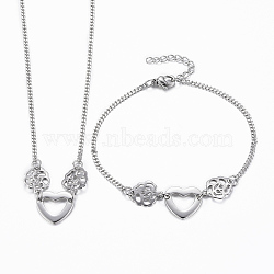 304 Stainless Steel Jewelry Sets, Pendant Necklaces & Link Bracelets, with Lobster Claw Clasps, Faceted, Heart, Stainless Steel Color, 18.1 inch(46cm), 7-7/8 inch(200mm)(SJEW-K137-03P)