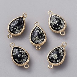 Resin Imitation Shell/Opal Connector Charms, Brass Teardrop Links, Golden, Black, 21x12x6.9mm, Hole: 1.6mm(RESI-WH0035-61D)