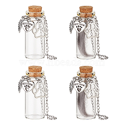 4Pcs Transparent Glass Empty Bottles with Alloy Paw Print Charms, for Pet Fur Storage, Bottle, Clear, 5.5cm, 4pcs/set(AJEW-DR00029)