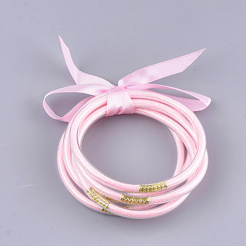 PVC Plastic Buddhist Bangle Sets, Jelly Bangles, with Glitter Powder and Polyester Ribbon, Pink, 2-1/2 inch(6.3cm), 5pcs/set