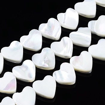 Natural Trochid Shell/Trochus Shell Beads Strands, Bleach, Heart, White, 10x10x3mm, Hole: 0.8mm, about 39~41pcs/strand, 15.55 inch~16.34 inch(39.5~41.5cm)
