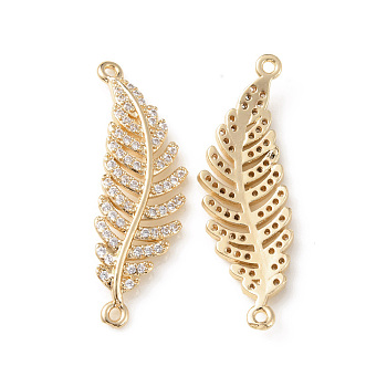 Brass Micro Pave Clear Cubic Zirconia Connector Charms, Feather Links, Light Gold, 35.5x11x3.5mm, Hole: 1.2mm