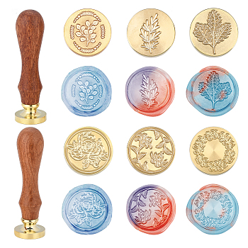 SUPERDANT 6Pcs 6 Style Wax Seal Brass Stamp Head, with 2Pcs Pear Wood Handle, for Wax Seal Stamp, Floral Pattern, Stamp Head: 25x14.5mm, 1pc/style