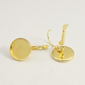 Brass Leverback Earring Findings, Nickel Free, Lead Free and Cadmium Free, Flat Round, Golden, 25x14mm, Tray: 12mm