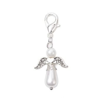10Pcs Angel Acrylic Imitation Pearl Pendant Decorations, with Glass Pearl Beads and Zinc Alloy Lobster Claw Clasps, Silver, 46mm