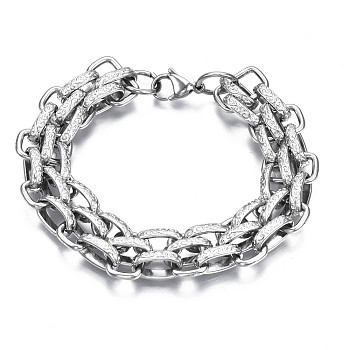 201 Stainless Steel Mesh Chain Bracelet with Leaf Patter for Men Women, Nickel Free, Stainless Steel Color, 8-5/8 inch(22cm)