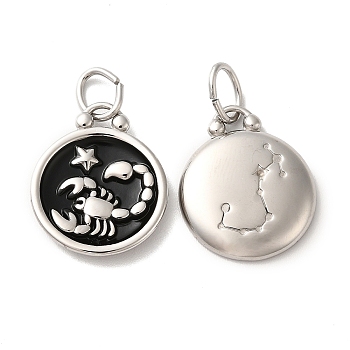 304 Stainless Steel Enamel Pendants, with Jump Ring, Flat Round with Constellation, Stainless Steel Color, Scorpio, 20.5x17x2.5~3.5mm, Hole: 4x6mm