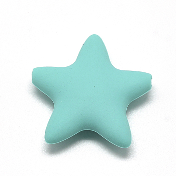 Food Grade Eco-Friendly Silicone Focal Beads, Chewing Beads For Teethers, DIY Nursing Necklaces Making, Star, Cyan, 37x36x10mm, Hole: 2mm