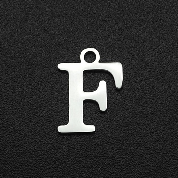 201 Stainless Steel Charms, Laser Cut, Letter, Stainless Steel Color, Letter.F, 12x9x1mm, Hole: 1.5mm