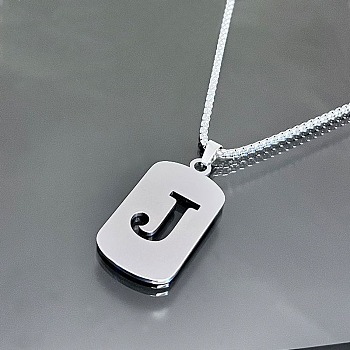 Titanium Steel Box Chain Necklaces, Rectangle with Letter J Pendant Necklaces 