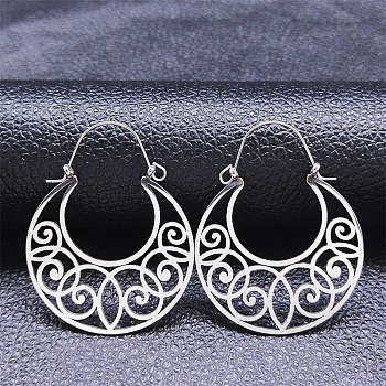 304 Stainless Steel Hollow Moon Hoop Earrings, Bohemia Theme Earrings, Stainless Steel Color, 44x35x1mm