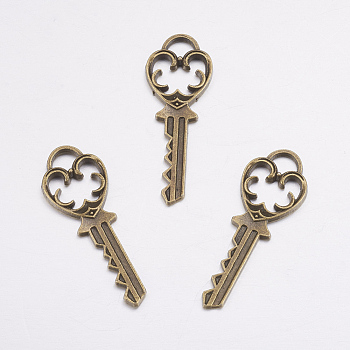 Alloy Key Pendants, Lead Free and Cadmium Free, Antique Bronze Color, about 38mm long, 13mm wide, 1.5mm thick
