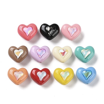 Spray Paint Acrylic Beads, with Rhinestone, Heart, Mixed Color, 15.5x18.5x12mm, Hole: 3mm