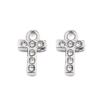 304 Stainless Steel Charms, with Crystal Rhinestone, Letter, Letter.T, 10~10.5x2~8x2mm, Hole: 1.2mm