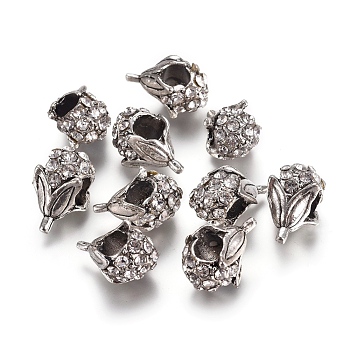 Antique Silver Plated Alloy Rhinestone European Beads, Large Hole Flower Beads, Crystal, 16x9x8mm, Hole: 5mm