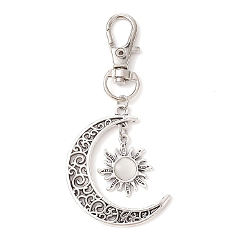 Moon & Sun Alloy Pendant Decorations, Cat Eye and Alloy Swivel Lobster Claw Clasps Charm, Antique Silver & Platinum, White, 73mm