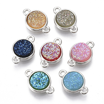 Alloy Links, with Druzy Resin Cabochons, Flat Round, Platinum, Mixed Color, 15x10x4.5mm, Hole: 1.4mm