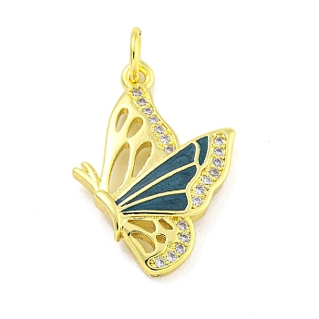 Real 18K Gold Plated Brass Micro Pave Cubic Zirconia Pendants, Butterfly, Cyan, 25.5x18x3mm, Hole: 3.5mm