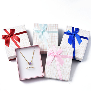 Cardboard Jewelry Set Box, with Bowknot Ribbon Outside and White Sponge Inside, Rectangle with Tartan Pattern, Mixed Color, 9.2x7.1x3.1cm