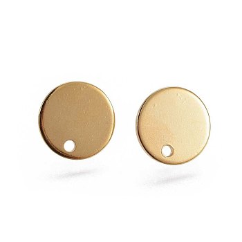 Flat Plate 201 Stainless Steel Stud Earring Findings, with 304 Stainless Steel Pin, Flat Round, Real 24K Gold Plated, 12x1mm, Hole: 1.5mm, Pin: 0.8mm