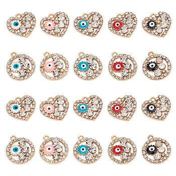 40Pcs 10 Style Rack Alloy Enamel Pendants, with Crystal Rhinestone, Cadmium Free & Nickel Free & Lead Free, Light Gold, Heart & Flat Round, Mixed Color, 17~20x17~17.5x3.5mm, Hole: 1.5~1.6mm, 4pcs/style