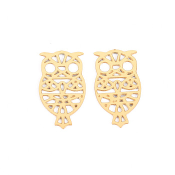 304 Stainless Steel Filigree Joiners Links, Laser Cut, Owl, Real 14K Gold Plated, 18x10x0.5mm