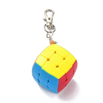 Plastic Keychains, with Platinum Iron Lobster Claw Clasps, Magic Cube, Colorful, 11cm
