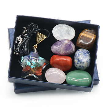 7 Chakra Tumbled Stone & Star Pendant Necklace Mixed Natural Gemstone Healing Stones Set, Reiki Energy Stone Display Decorations, 32mm, 8pcs/set