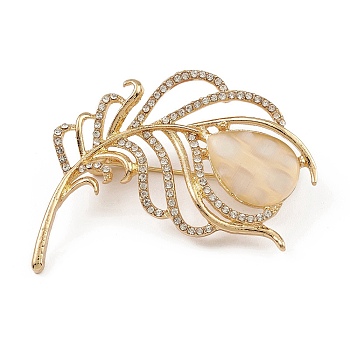 Alloy Rhinestone Brooch for Clothes Backpack, with Cat Eye, Feather, Golden, 49.5x45x11mm