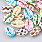 Printed Natural Cowrie Shell Beads, No Hole/Undrilled, Star Pattern, Mixed Color, 20~26x13~18x5~7mm(X-SHEL-S274-03)