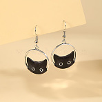 Zinc Alloy Dangle Earrings, Ring with Cat Shape, Platinum, 45x25mm(FS-WGC6225-01)