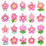 100Pcs 20 Styles Opaque Resin Pendants, with Platinum Tone Iron Loop, Flower, Hot Pink, 26~32x20~24.5x6~7.5mm, Hole: 2mm, 5pcs/style(RESI-CJ0004-44)