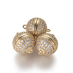 Brass Micro Pave Cubic Zirconia Magnetic Clasps with Loops, Cadmium Free & Lead Free, Round, Clear, Golden, 18x14.5mm, Hole: 1.4mm(ZIRC-L082-E-01-G)
