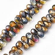 Electroplate Glass Beads Strands, Top Drilled Beads, Half Rainbow Plated, Teardrop, Goldenrod, 13~13.5x9.5mm, Hole: 0.9mm, about 120pcs/strand, 23.62 inch(60cm)(EGLA-L033-HR02)