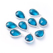Glass Pendants, with Eco-Friendly Alloy Open Back Berzel Findings, Faceted, teardrop, Silver Color Plated, Steel Blue, 18x12x5mm, Hole: 1.4mm(GLAA-A037-G-03S)
