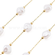 Ion Plating(IP) 304 Stainless Steel Paperclip Chains, Soldered, with ABS Imitation Pearl Beads, Real 18K Gold Plated, 9x8.5x6mm, about 16.40 Feet(5m)/Roll(CHS-P018-01A-G)