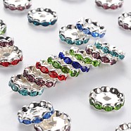 Grade A Brass Rhinestone Spacer Beads, Basketball Wives Spacer Beads for Jewelry Making, Mixed Color, Rondelle, Nickel Free, Silver Color Plated, about 12mm in diameter, 4mm thick, hole: 2.5mm(RSB160NF)