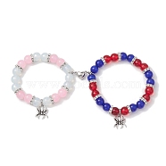 2Pcs 10mm Round Opalite & Pink Glass & Red Glass & Blue Cat Eye Beaded Stretch Bracelet Sets for Lover, Halloween Spider Alloy Charm Bracelets with Heart Magnetic Clasps for Women Men, Mixed Color, Inner Diameter: 2-3/8 inch(6.1cm) and 2 inch(5.1cm)(BJEW-JB10325-02)