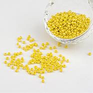 DIY Craft Beads 8/0 Opaque Colors Lustered Round Glass Seed Beads, Yellow, Size: about 3mm in diameter, hole:1mm, about 1101pcs/50g(X-SEED-A012-3mm-122)