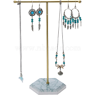 1 Set Golden Plated T Bar Iron Key Storage Jewelry Rack, Jewelry Display Holder with Hexagon Shaped MDF Base, for Earrings, Necklaces, White, 18.5x9x26cm(ODIS-SC0001-03B)