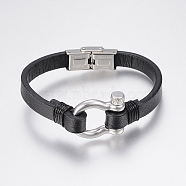 Men's Leather Cord Bracelets, with 304 Stainless Steel Findings and Clasps, Black, 7-7/8 inch(200mm), 8~22x2.5~9mm(BJEW-P198-20)