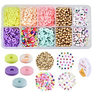 1633Pcs Disc/Flat Round & Flower Polymer Clay Beads, 160Pcs Flat Round with Heart & Letter Acrylic Beads, 600Pcs Round Plastic Beads, Round Crystal Thread, for DIY Jewelry Crafts Supplies, Mixed Color, 4~7x0.5~4x1~1.5mm, hole: 1~2mm(CLAY-SZ0001-75)