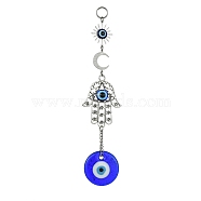 Blue Evil Eye Lampwork Pendant Decorations, Alloy Hamsa Hand/Hand of Miriam Link and Brass Moon/Sun Charm, Antique Silver & Platinum, 169x34.5x6mm, Hole: 10mm(HJEW-JM01565)