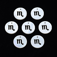 Natural Freshwater Shell Charms, Flat Round with Twelve Constellations, Hollow, Scorpio, 12x1.5mm, Hole: 0.9mm(SHEL-N027-10H)