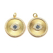 Rack Plating Brass Micro Pave Clear Cubic Zirconia Pendants, with Jump Ring, Long-Lasting Plated, Lead Free & Cadmium Free, Flat Round with Horse Eye Charm, Real 18K Gold Plated, 24.5x22x2mm, Hole: 2.7mm(KK-F861-02G)