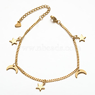 304 Stainless Steel Moon & Star Charm Bracelets, with Lobster Claw Clasps and Extender Chains with Heart Charm, Faceted, Golden, 7-7/8 inch(200mm)(BJEW-N287-33)