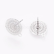 Brass Stud Earring Findings, with Loop, Flat Round with Flower, Real Platinum Plated, 14x12x0.3mm, Hole: 1.4mm, Pin: 0.7mm(KK-O115-31P)