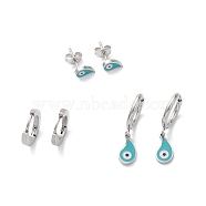 3 Pairs 3 Style Enamel Teardrop with Evil Eye Dangle Hoop Earrings, 304 Stainless Steel Stud Earrings for Women, Stainless Steel Color, 8~26mm, Pin: 1mm, 1 Pair/style(EJEW-B020-18P)