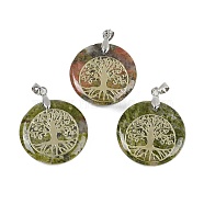 Natural Unakite Flat Round Pendants, Tree of Life Charms with Rack Plating Platinum Tone Brass Snap on Bails, Cadmium Free & Lead Free, 30.5~32x25~25.5x6.5~7.5mm, Hole: 4.5x3.5mm(G-Q188-01P-10)