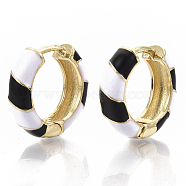 Brass Huggie Hoop Earrings, with Two Tone Enamel, Real 18K Gold Plated, Black, 16x16.5x5mm, Pin: 1x1mm(EJEW-S209-04A)